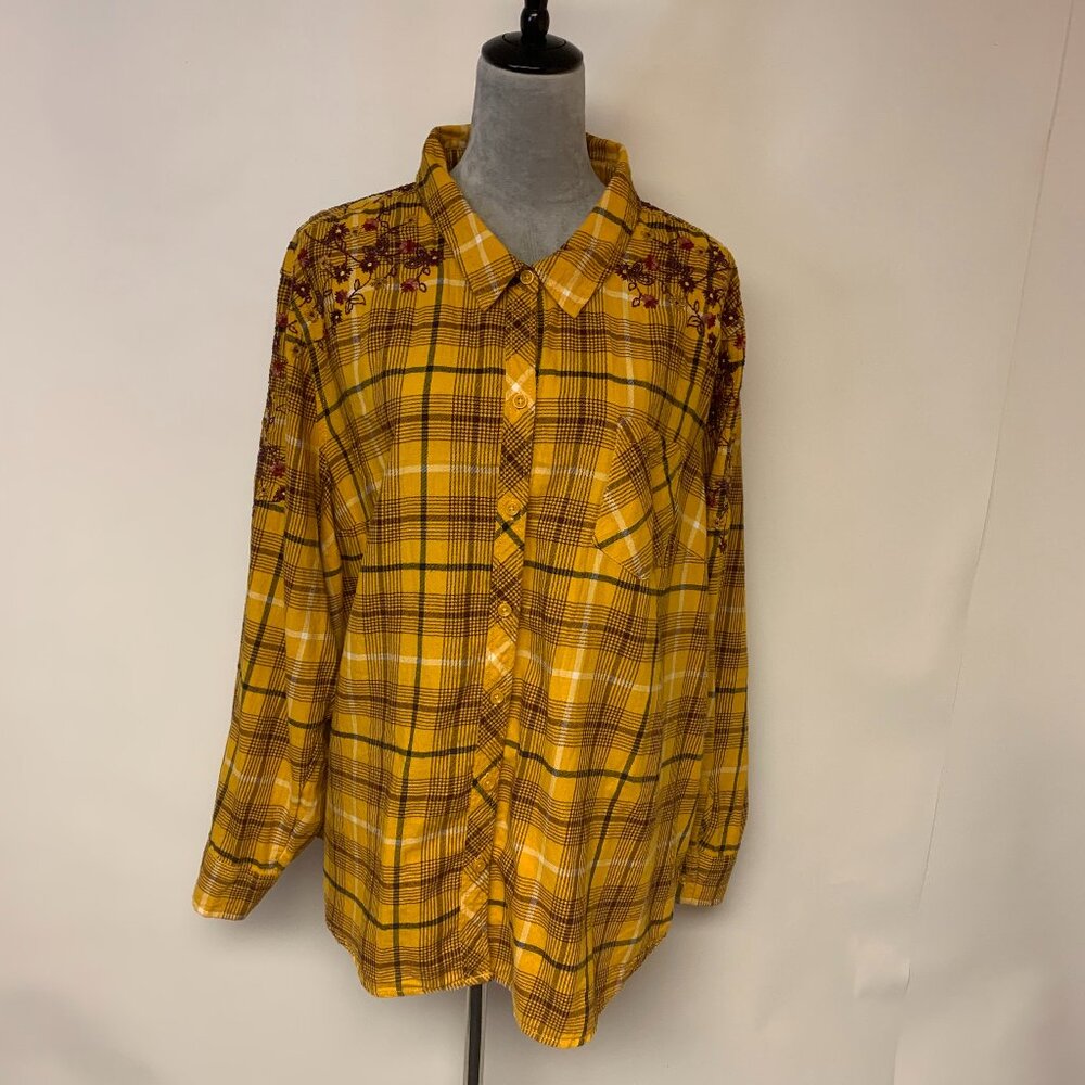 Terra Sky Blouse  Button-down Embroidered Yellow Plaid Country Womens SZ 2X